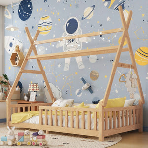 English Elm Twin House Bed with Roof and Guardrails, Low Floor Kids Playhouse Bed with Tent and Lights, Cozy Design Natural 80.91 L x 15.55 W x 6.5 H W2593P296911