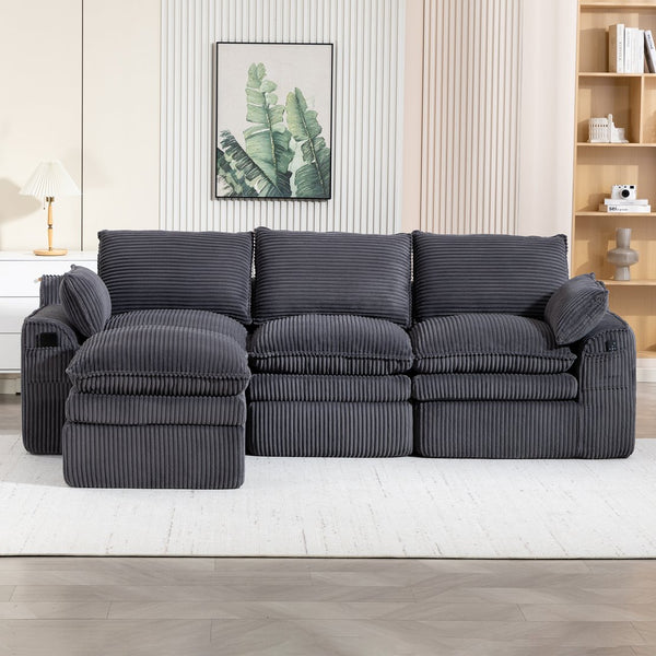 English Elm L Shaped Corduroy Modular Sectional with Cloud Cushions Footstool and Lumbar Pillows Gray W395S00140