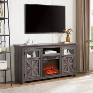 English Elm 2 Door Farmhouse Tv Console with Electric Fireplace Barn Style Grey Finish 60 Inch W1758S00025