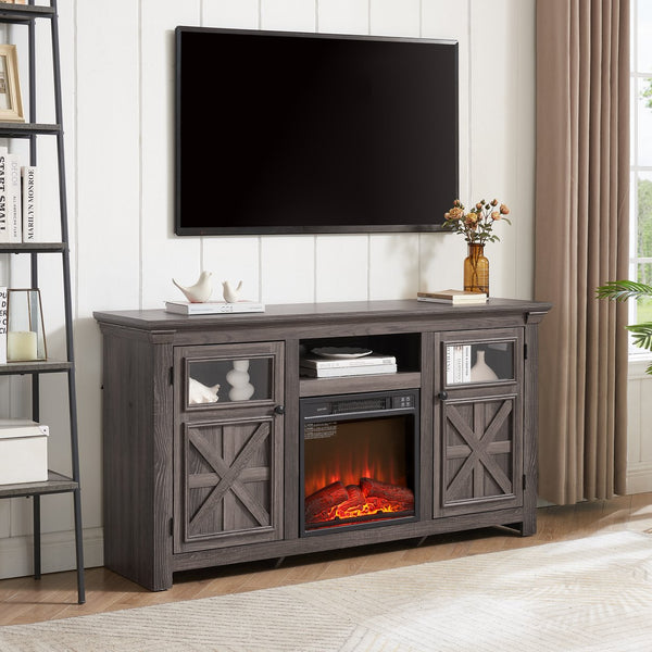 English Elm 2 Door Farmhouse Tv Console with Electric Fireplace Barn Style Grey Finish 60 Inch W1758S00025