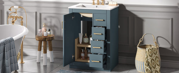 English Elm 24" Bathroom Vanity With Ceramic Sink - Stylish Blue Cabinet, Soft-Close Drawers & Modern Elegance N710P341038C