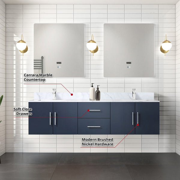 English Elm Navy Double Bath Vanity 72" W x 22" D with Carrara Marble Top, Chrome Faucets, 30" LED Mirrors, Durable Finish B2731S01046