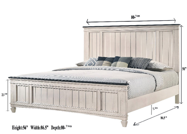 English Elm 1pc Rustic Industrial Queen Panel Bed with Cutout Headboard and Bench-Style Footboard, Solid Wood Finish Beige+Brown 85 L x 40.25 W x 6.15 H B011S01347