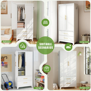 English Elm White Steel Freestanding Wardrobe Cabinet with Rod and Shelves for Dorm or Apartment T2398P480393