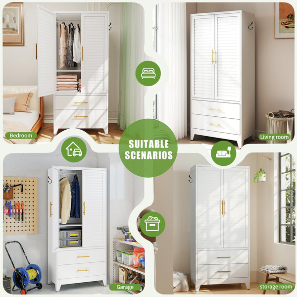 English Elm White Steel Freestanding Wardrobe Cabinet with Rod and Shelves for Dorm or Apartment T2398P480393