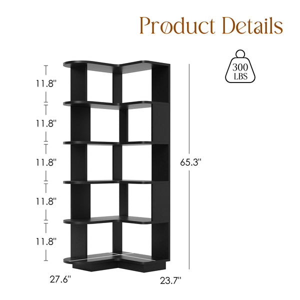 English Elm 5-tier Corner Bookcase L-shaped Freestanding Open Shelf Display for Home Office Black T3623P436781