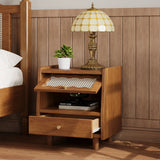 English Elm Wooden Nightstand With Rattan-Woven Storage Cabinet and 1 Drawer, Exquisite Elegance With Natural Storage Solutions For Bedroom, Walnut