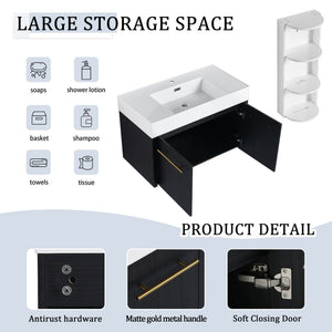 English Elm 36 Inch Wall-Mounted Bathroom Vanity Set With Thick Resin Sink, Storage Rack & Soft-Close Hinges W999S00369