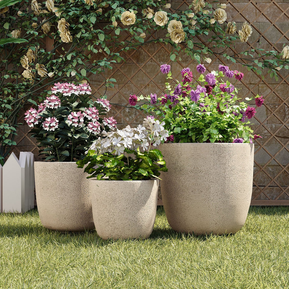 English Elm U_style Mgo Concrete Look Round Planters Set of 3 Lightweight Stackable Outdoor Pots Beige+Yellow N711P406670E