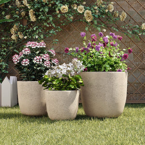 English Elm U_style Mgo Concrete Look Round Planters Set of 3 Lightweight Stackable Outdoor Pots Beige+Yellow N711P406670E