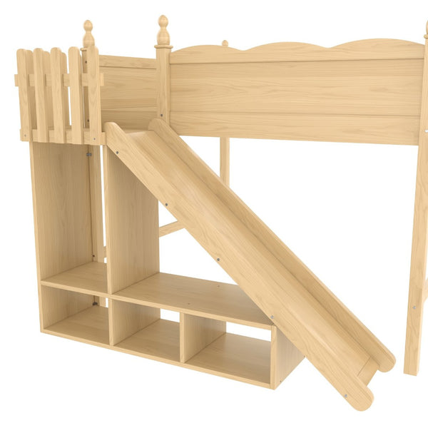 English Elm Queen Loft Bed With Detachable Slide, Storage Shelves & Cabinet - Solid Wood For Fun & Space Savvy! W1580S00250-GIGA