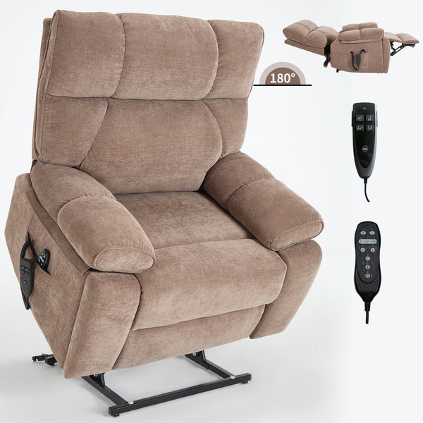 English Elm Beige Chenille Power Lift Recliner Dual Motor Massage Heat 350 Lb Capacity Brown W1803P264024