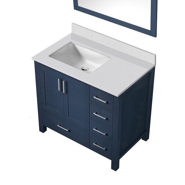 English Elm Navy Blue Bath Vanity With Left Offset Quartz Top, Stylish Mirror & Ample Storage Solutions Included B2731S00693