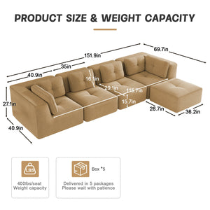 English Elm Modern Corduroy Sectional Sofa with Movable Ottoman Deep Seat Tufted Living Room Couch Camel W714S01787
