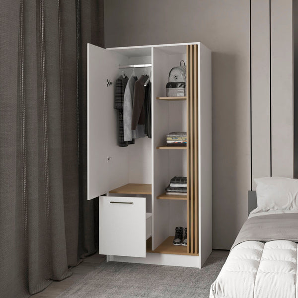 English Elm Pekin Modern Wardrobe Organizer with Double Doors, Shelves, Hanging Rod and Closed Storage Oak B128S00177