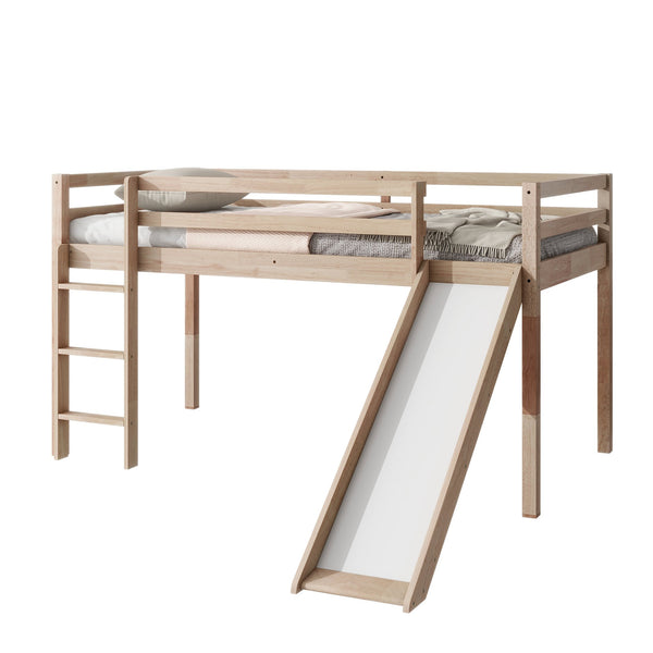 English Elm Twin Low Loft Bed with Slide and Ladder for Kids, Rubberwood Frame, Safety Guardrails & Playspace White Oak W504P218527