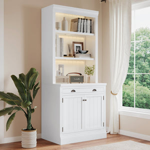English Elm 83.4"Tall Bookcase with 3 LED Lights, Modern White Bookshelf with 2 Doors 1 Drawer & Adjustable Shelves SR000002AAK