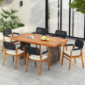 English Elm Christopher Knight Home® - Outdoor 7-Piece Acacia Wood Dining Set With Stylish Rattan Legs & Comfortable Cushions For Patios N773OD00046B
