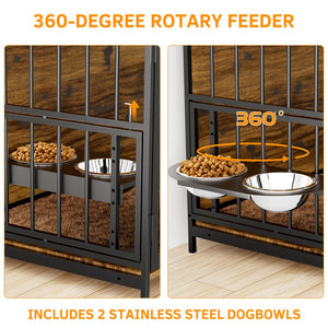 English Elm Dog Kennel Furniture Console with Rotating Feeder Bowls Steel Frame Brown Finish W3190P350230