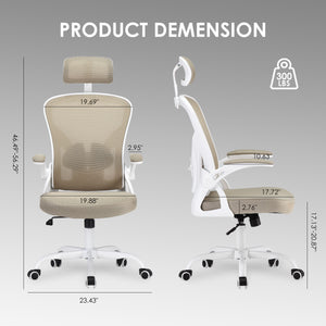 English Elm Ergonomic Office Chair With Adjustable Lumbar Support, Headrest & Space-Saving Design In White & Khaki T3623P380924
