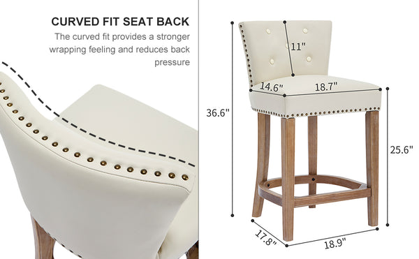 English Elm Bar Stools Set Of 2 - 26" Beige Leather & Wood Stools For Home, Kitchen, And Cafe Comfort W2195P314867