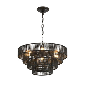 English Elm 20" Rustic 4-Tier Black Hemp Rope Chandelier with 6 E12 Sockets Adjustable Height Boho Light Fixture W2312P374789