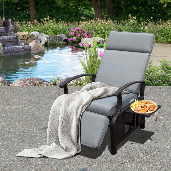 English Elm Adjustable Patio Recliner Chair with Flip Side Table, Ergonomic Cushions, Heavy-Duty Steel, 350lb Support Gray W1859P196387