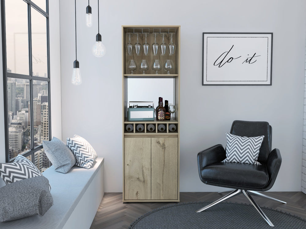 English Elm Redding Floor Bar Cabinet with Wine Cubbies Glass Rack and Open Display Shelves B128S00156