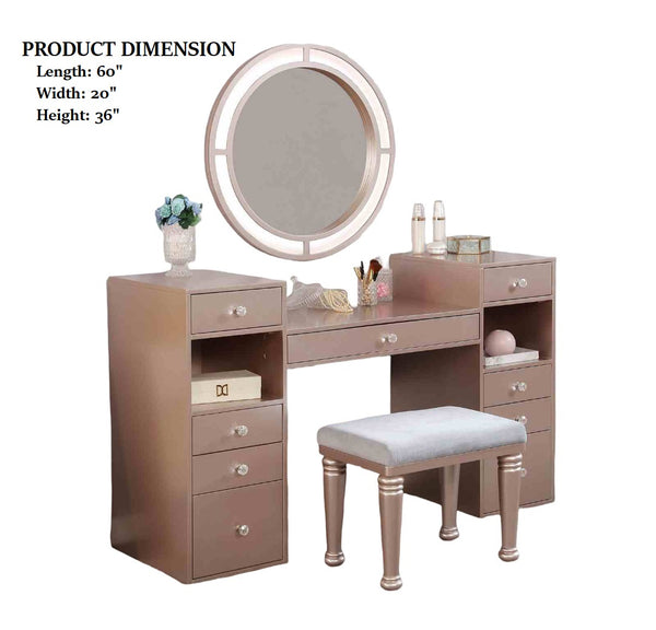English Elm Glam Elegant Vanity Set with LED Mirror, Plush Stool, Ample Storage, Felt-Lined Drawers, Chic Finish Rosy 23 L x 18 W x 40 H B2741S00680