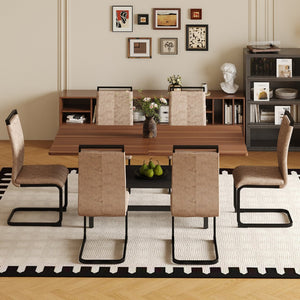 English Elm Table 7-Piece Walnut Grain Dining Set With 6 Brown Chairs, Stylish Storage & Modern Comfort Features W1151S04280-GIGA