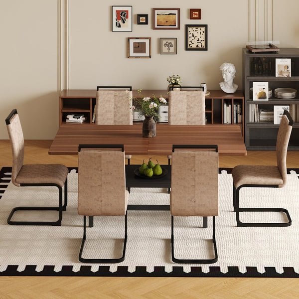 English Elm Table 7-Piece Walnut Grain Dining Set With 6 Brown Chairs, Stylish Storage & Modern Comfort Features W1151S04280-GIGA