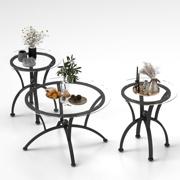 English Elm 3 Piece Tempered Glass Coffee Table Set – Rustic Black End Tables For Stylish Living Room Décor W2167P221147