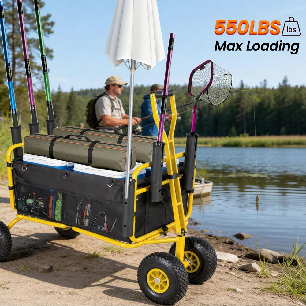 English Elm Fishing Beach Cart Collapsible Heavy Duty Wagon with All Terrain Wheels Rod Holders Yellow W2932P417636