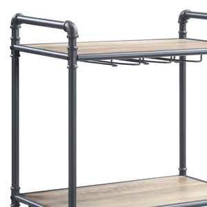 English Elm Brantley Industrial Wood and Metal Three Tier Wine Rack with Integrated Glass Holder B2726P256296