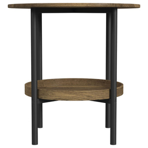 English Elm Kavita Round Farmhouse Side Table with Brown Wood Grain Top, Black Metal Legs & Lower Shelf Storage B062P299907