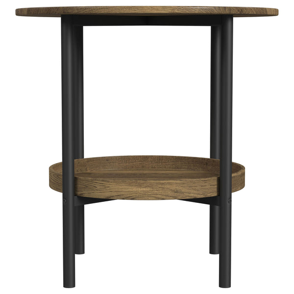 English Elm Kavita Round Farmhouse Side Table with Brown Wood Grain Top, Black Metal Legs & Lower Shelf Storage B062P299907