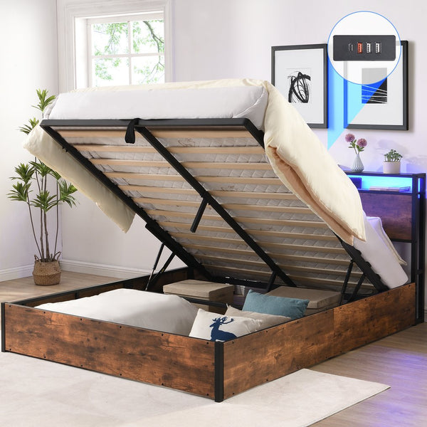English Elm Lift-Up Storage Bed Frame: Full-Sized Platform Bed With Led Lights, Charging Station & Rustic Brown Finish W1916P184709