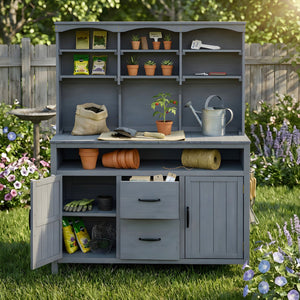 English Elm (with Hutch) Topmax Solid Fir Outdoor Potting Bench Station Cabinets Drawers Patio Garden Gray N717P404332E