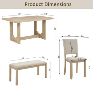 English Elm 6 Piece Light Oak Dining Set with Bench Upholstered Linen Chairs U-shaped Base W1998S00094