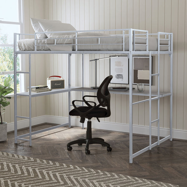 English Elm Contemporary Full Loft Bed In Silver Finish – Space-Saving Design With Dual Ladders For Versatility B2741S00306