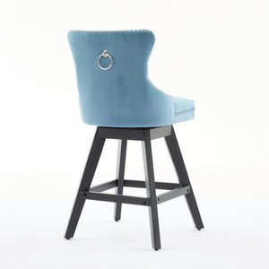 English Elm Swivel Velvet Barstools with Supportive Curved Back, Thick Foam & Spring Seat, 360° Rotation, Sturdy Wooden Frame Light Blue W1143P369089