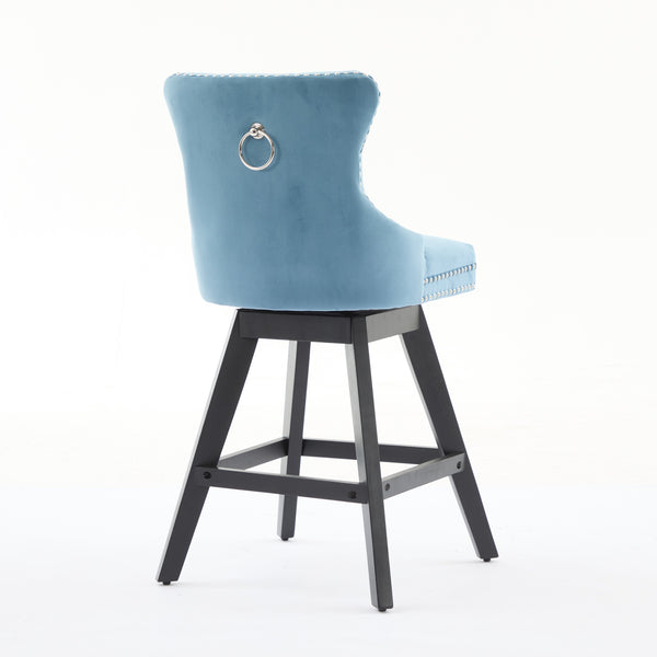 English Elm Swivel Velvet Barstools with Supportive Curved Back, Thick Foam & Spring Seat, 360° Rotation, Sturdy Wooden Frame Light Blue W1143P369089
