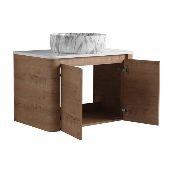 English Elm 30'' Wall-Mounted Bathroom Vanity With Elegant Ceramic Art Sink, Soft-Close Doors & Space-Saving Design W999S00390
