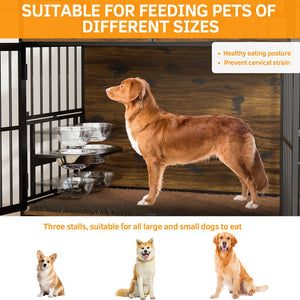 English Elm Dog Kennel Furniture Console with Rotating Feeder Bowls Steel Frame Brown Finish W3190P350230