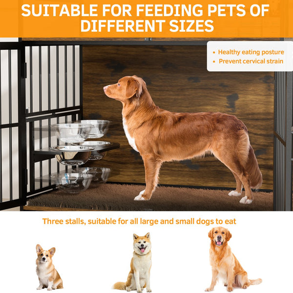 English Elm Dog Kennel Furniture Console with Rotating Feeder Bowls Steel Frame Brown Finish W3190P350230