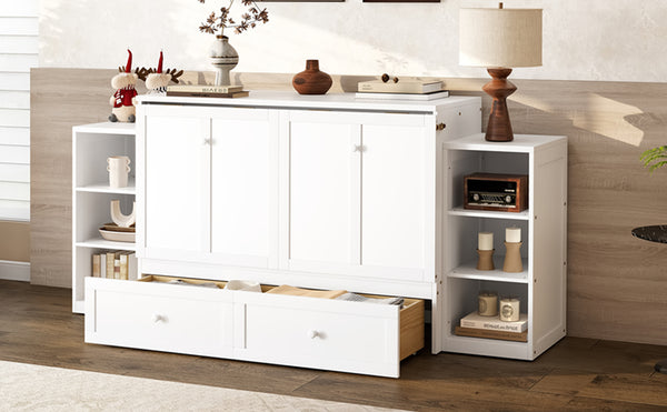 English Elm Full-Size Murphy Bed With Stylish Storage Drawers & Shelves – Perfect For Compact Spaces & Guests! W1580S00251
