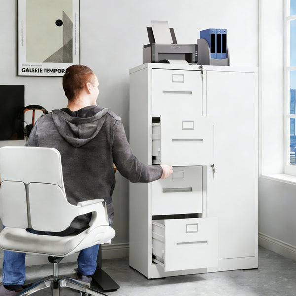 English Elm Metal Four Drawer Filing Cabinet with Lock Steel Storage for Home Office Bedroom White W2735P457275