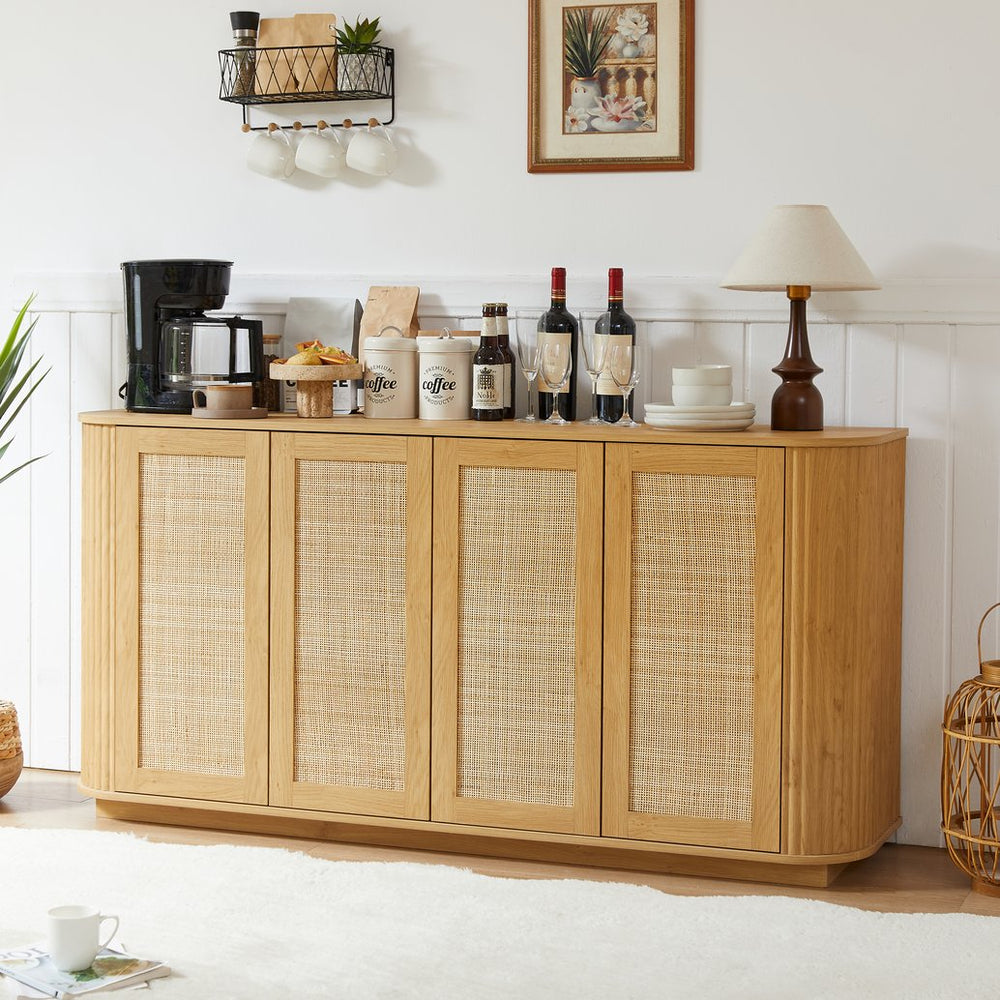 English Elm 64-Inch Wave-Shaped Sideboard With Rattan Doors - Stylish Storage Cabinet For Kitchen & Living Room W1162P309026
