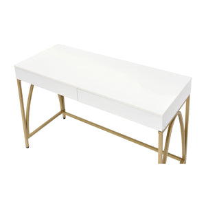 English Elm 2 Drawer Writing Desk White High Gloss Top with Gold Metal Trestle Legs, Two Storage Drawers, Glam Home Office Accent Piece B016P317513