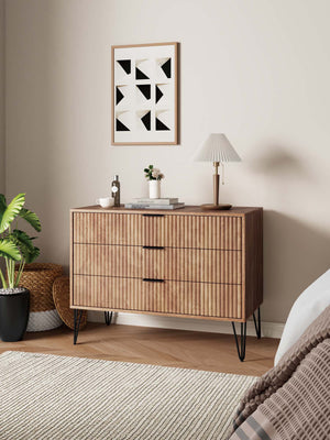 English Elm Dumbo 35" Fluted 3-Drawer Dresser with Gold Metal Legs, Glam Handles, Easy Snap Assembly Brown B365P398116